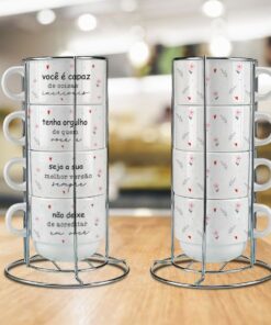 Kit Torre de 4 Xícaras 150ml c/Suporte de Metal  - Frases motivacionais