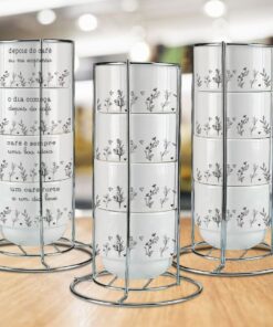 Kit Torre de 4 Xícaras 150ml c/Suporte de Metal  - Frase Café