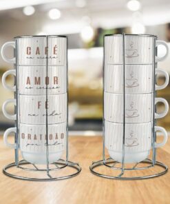 Kit Torre de 4 Xícaras 150ml c/Suporte de Metal - Frase Café 02