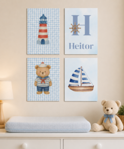4 Quadros decorativos para quarto de bebê - Ursinho Marinheiro