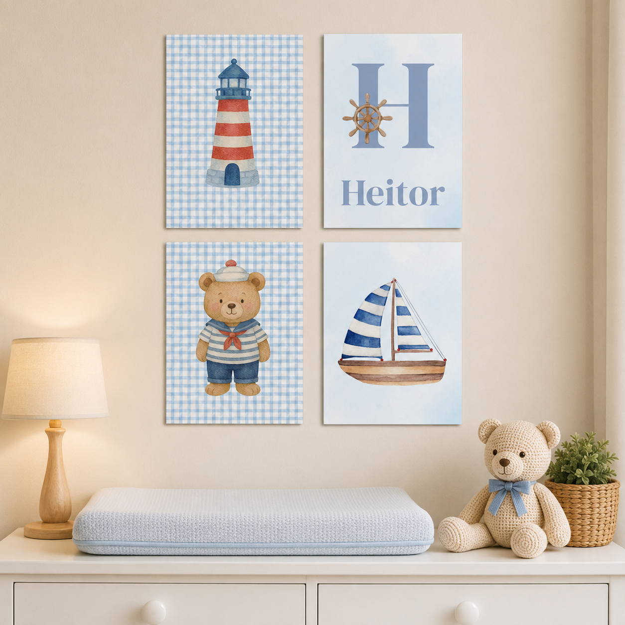 4 Quadros decorativos para quarto de bebê - Ursinho Marinheiro